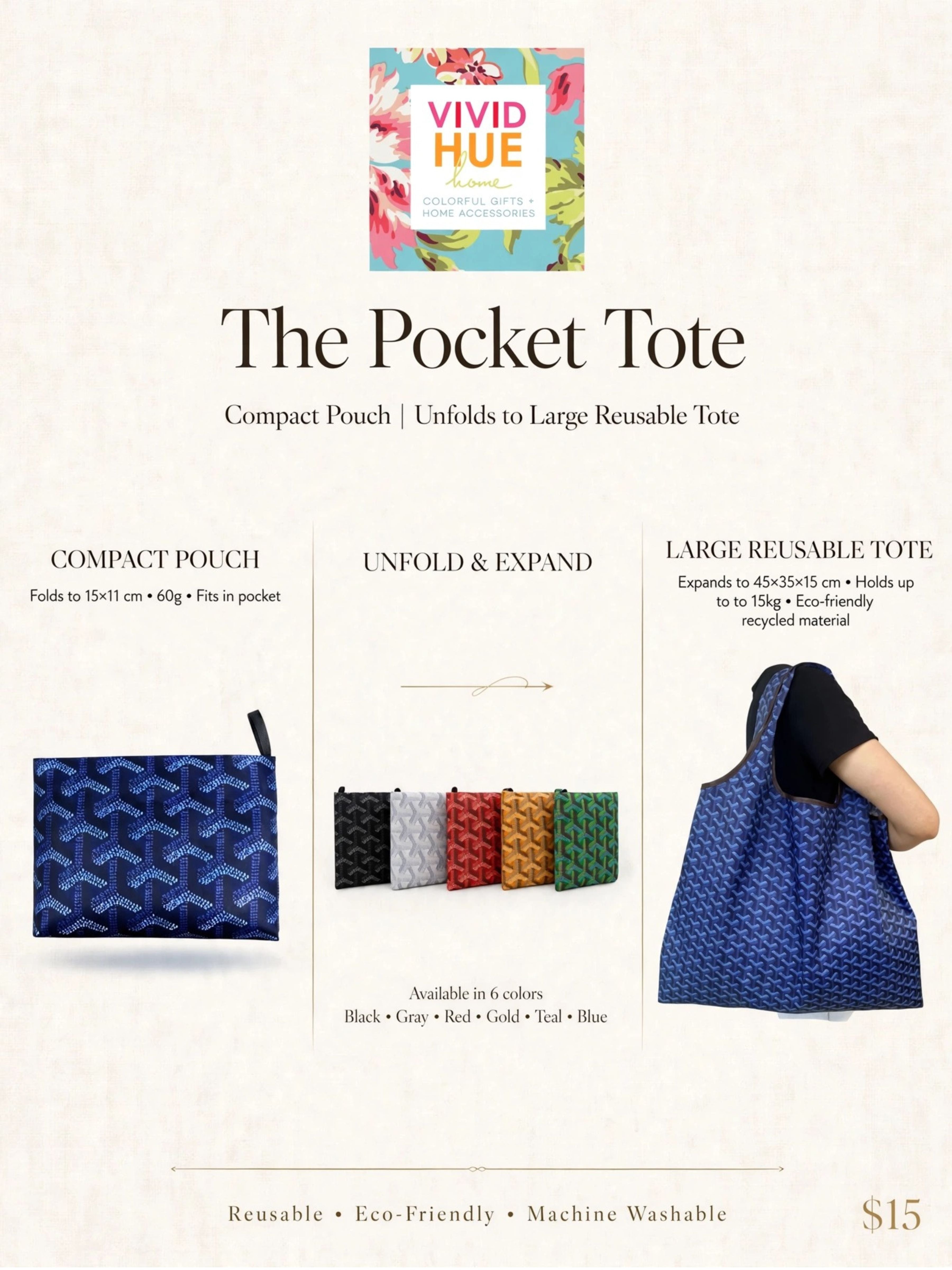 Promotional graphic for The Pocket Tote reusable tote bag by Vivid Hue. The design shows the product name, a brand logo card, feature callouts for compact pouch and large reusable tote, small color options, and a model wearing the blue patterned tote on a light background.