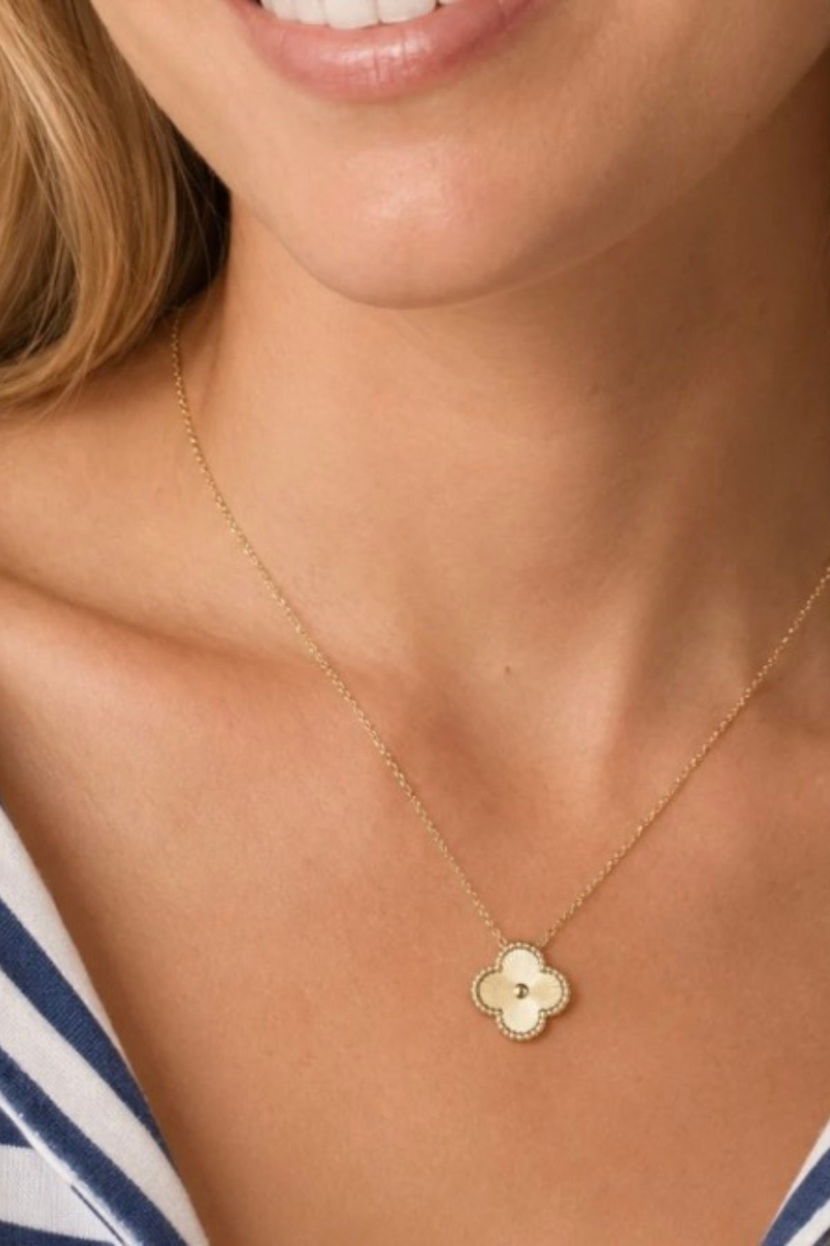 Foxy Gold Quatrefoil Necklace worn