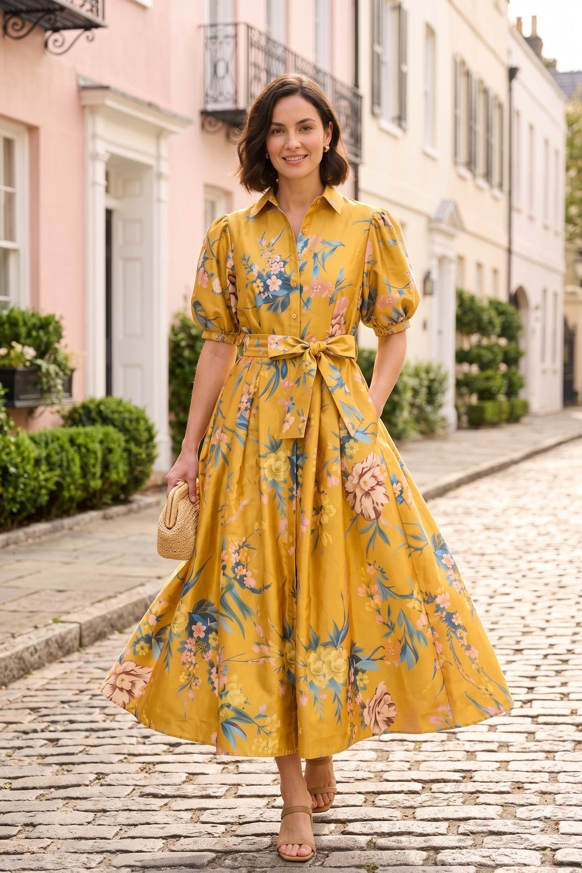 A woman walking down a sunny cobblestone street of pink and cream townhouses in the Golden Garden puff sleeve maxi dress, golden-yellow with blue and pink florals, holding a straw clutch.