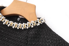 Black Tweed Beaded Mock-Neck Dress