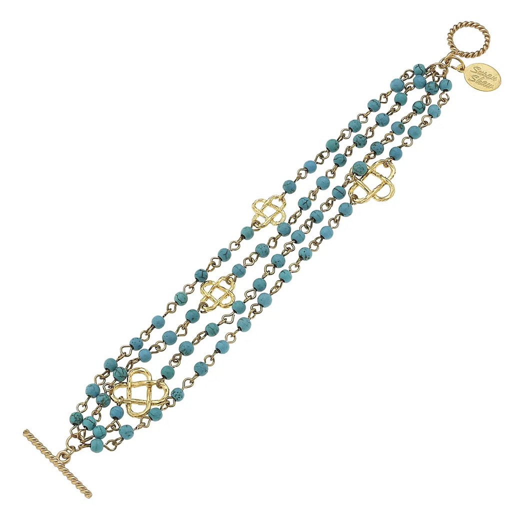 Multi-Strand Turquoise and Handcast Gold Clover Bracelet