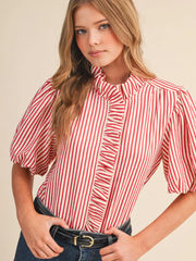 Striped Ruffled Button Down Top – Berry Red
