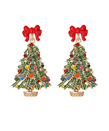 Christmas Tree & Red Bow Earrings