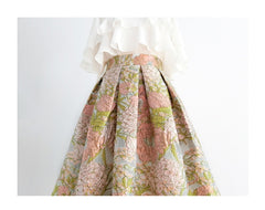 Pink Floral Embroidered High Waist Organza Skirt