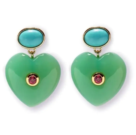 Lucky Heart Evil Eye Earrings – Jade Green Heart with Turquoise & Pink CZ