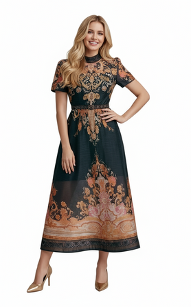 Baroque Print Belted Midi Dress | Black & Gold