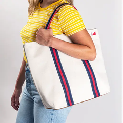 Navy Red Society Canvas Tote Bag with Leather Customize