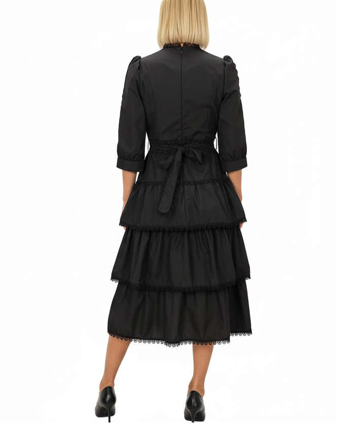 Black Layered Half Sleeve Midi Dress