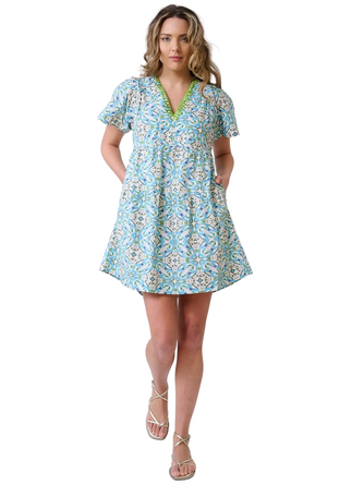 Harper Deep V Mini Dress - English Tile