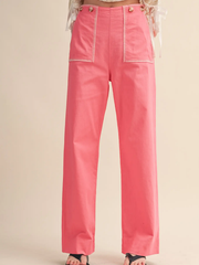 Pink Berry Contrast Stitch Wide Leg Pants