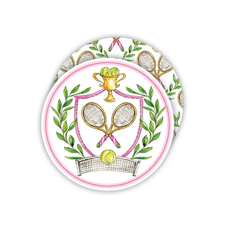 Handpainted Pink Tennis Crest Round Coasters