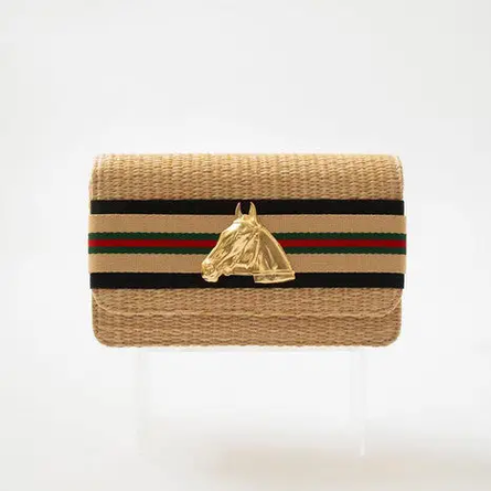 Ruby Straw Foldover Clutch – Sand Layer with Gold Horse Head