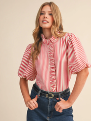 Striped Ruffled Button Down Top – Berry Red