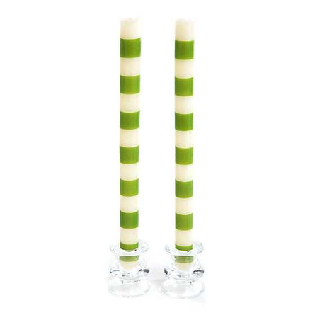 Green and White Stripe Dinner Taper Candles Set of 2