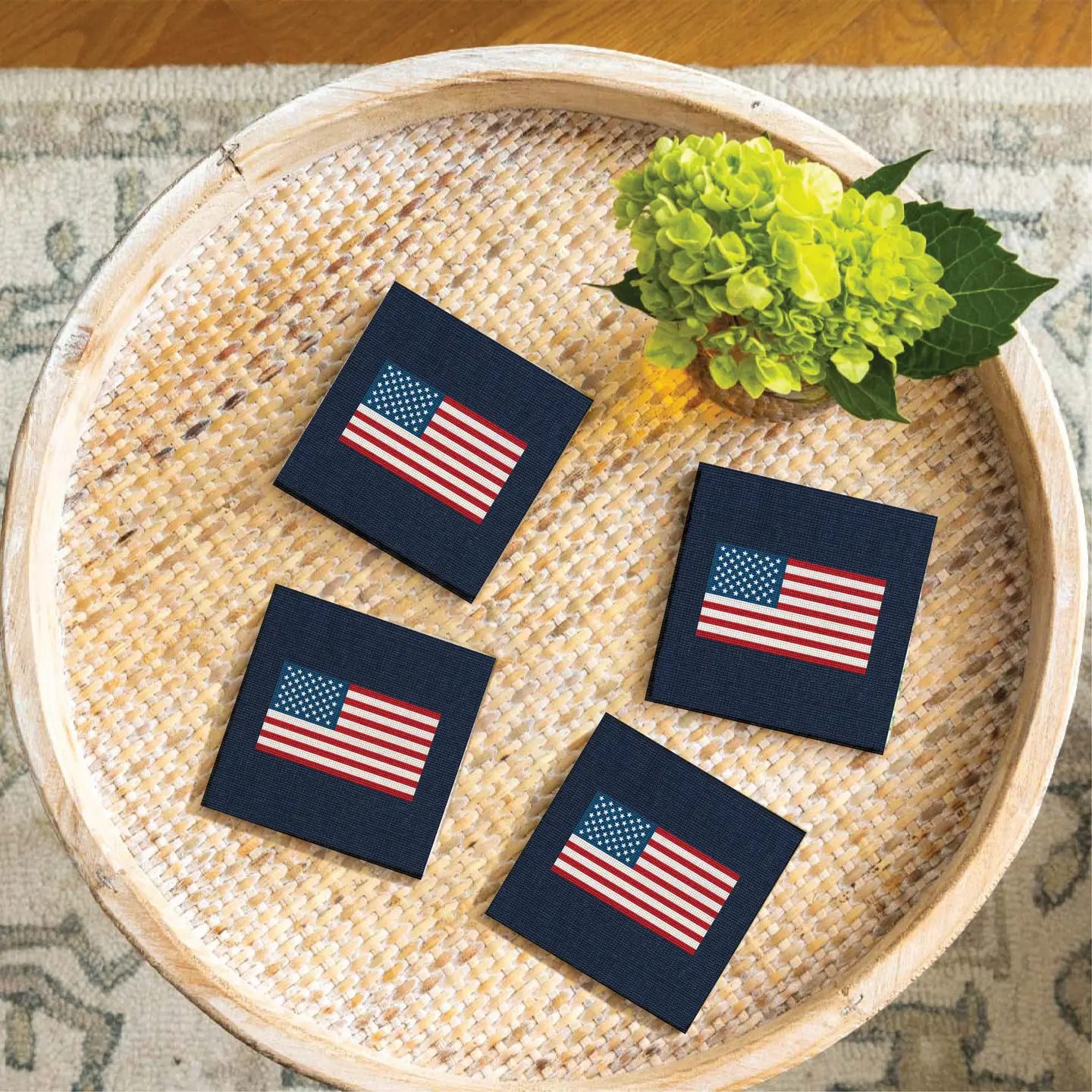 American Flag Needlepoint Coaster Set | Wooden Coasters Set of 4