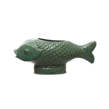 Turquoise Debossed Stoneware Fish Planter (Holds 7" Pot) (Each One Will Vary)