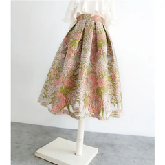 Pink Floral Embroidered High Waist Organza Skirt