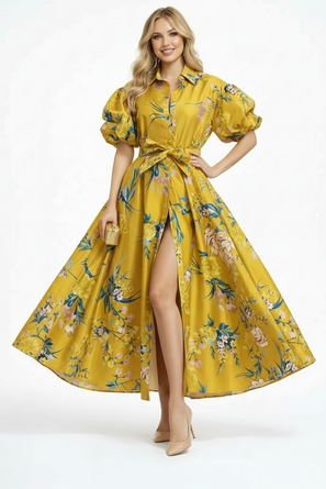 Golden Garden Puff Sleeve Dress