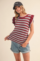 Striped Flutter Sleeve Sweater Top – Maroon/Slate