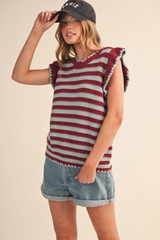 Striped Flutter Sleeve Sweater Top – Maroon/Slate