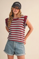 Striped Flutter Sleeve Sweater Top – Maroon/Slate