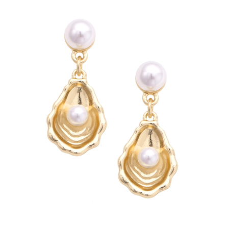 Oyster & Pearl Drop Earrings – Shiny Gold Coastal Elegance