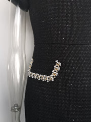 Black Tweed Beaded Mock-Neck Dress