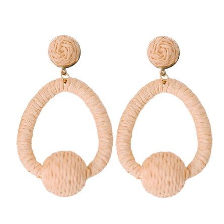 Brown Raffia Pom Pom Statement Hoop Earrings
