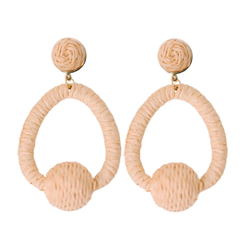 Brown Raffia Pom Pom Statement Hoop Earrings