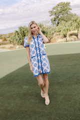 Floral Tile Short Sleeve Shift Dress with Ric-Rac