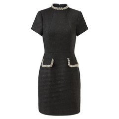 Black Tweed Beaded Mock-Neck Dress