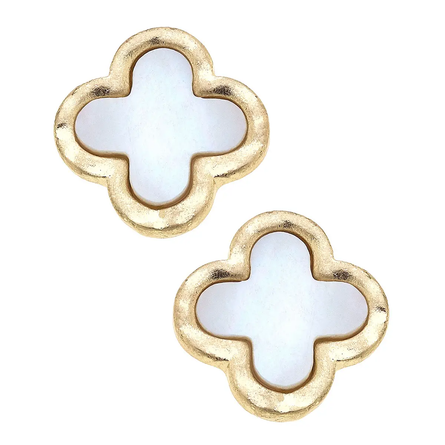 Bethany Clover Mother of Pearl Stud Earrings in Worn Gold