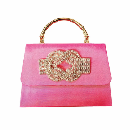 Pink Lulu Rhinestone Knot w/ Gold Bamboo Handle Clutch