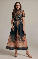 Baroque Print Belted Midi Dress | Black & Gold