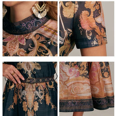 Baroque Print Belted Midi Dress | Black & Gold