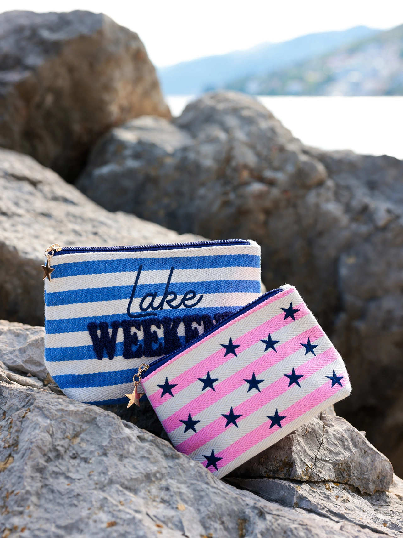 Morgan "Lake Weekend" Large Zip Pouch, Blue