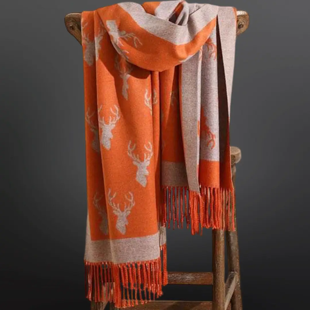 Orange Deer Hunting Stag Head Winter Scarf La Chasse - Fringe