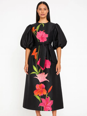 Botanical Noir Puff Sleeve Dress – Vivid Hue Style Edit