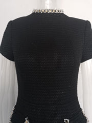 Black Tweed Beaded Mock-Neck Dress