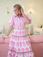 Banyan Puff Sleeve Dress - Pink Magnolia & Ticking Stripe
