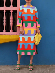 Colorful Puzzle Loose Round-Neck Midi Dress