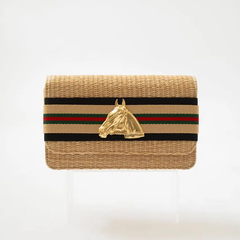 Ruby Straw Foldover Clutch – Sand Layer with Gold Horse Head