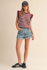 Striped Flutter Sleeve Sweater Top – Maroon/Slate