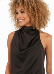 Asymmetrical Drape Pleated Mock Neck Bubble Top