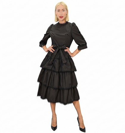 Black Layered Half Sleeve Midi Dress