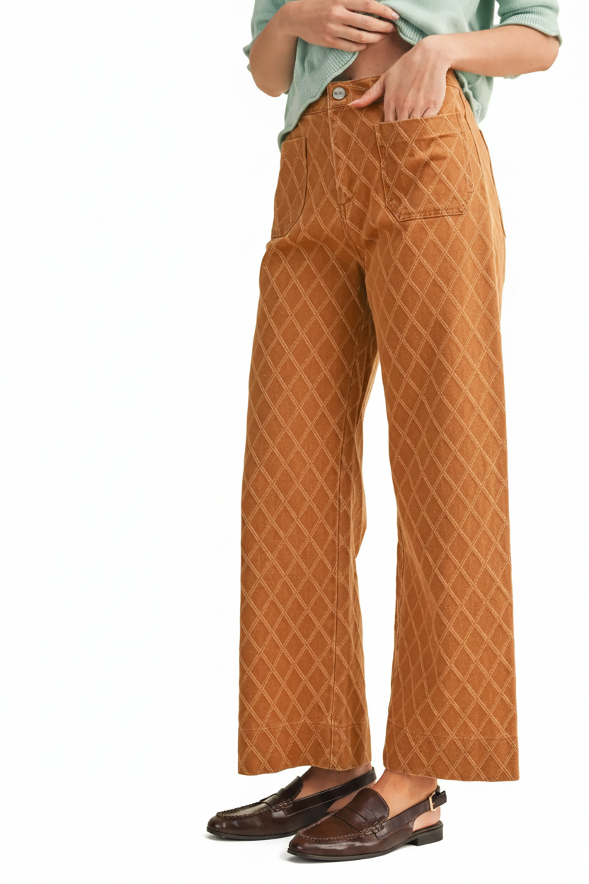 Sand Beige Diamond Quilted Wide Leg Pants