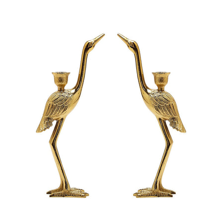 Set of 2 Crane Candle Holder with Antiqued Gold Finish - Recycled Aluminum