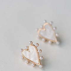 Pearl Studded Pink Tortoise Valentines Heart Earrings