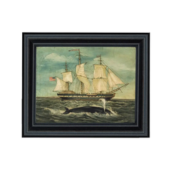 Whaling Ship Print Behind Glass in Wood Frame 5 1/2" x 7"