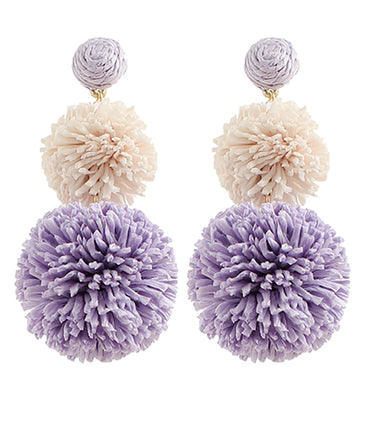 Lavender & Ivory Linked Raffia Ball Drop Earrings